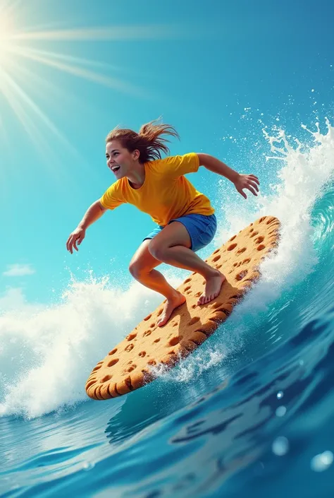 Showing image as: Cookie Surfing Adventure Theme: Fun and adventurous.

Visuals: A surfer riding on a giant cookie as if it’s a wave. Surround it with splashes of milk and vibrant tropical tones.

Colors: Blues and whites for the milk wave, complemented by...