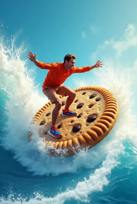 Showing image as: Cookie Surfing Adventure Theme: Fun and adventurous.

Visuals: A surfer riding on a giant cookie as if it’s a wave. Surround it with splashes of milk and vibrant tropical tones.

Colors: Blues and whites for the milk wave, complemented by...