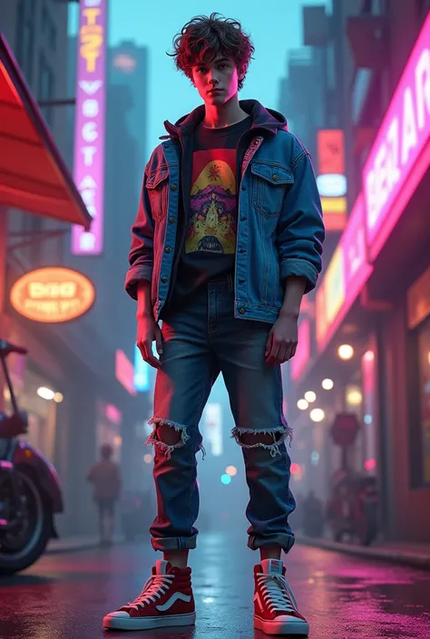 17-year-old male teenager, wearing 1980s clothes