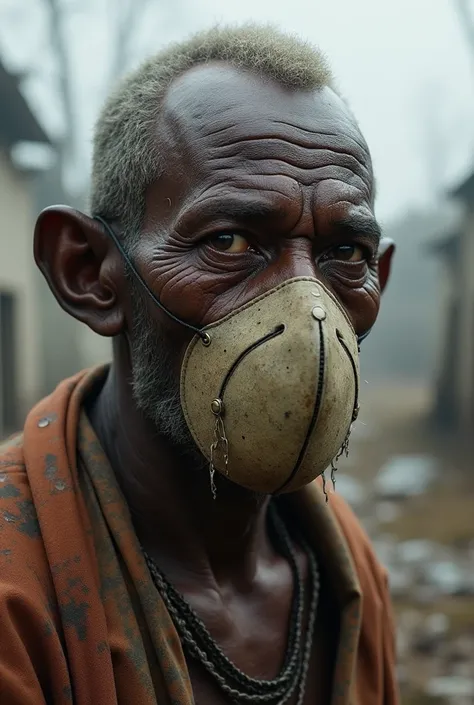 Creates one image of a mature sawn-skinned slave wearing a face mask with a sad and disappointed face while streaming his tears from the prevailing storm disaster that has affected human health while looking ahead.