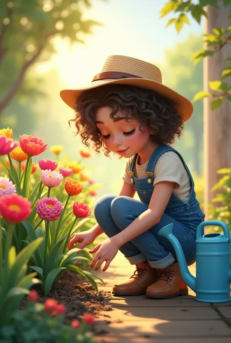  a curly-haired ,  wearing a denim planter and a straw hat ,  crouched next to a flowerbed with colorful flowers.  The sun shines softly , and a blue watering can rests next to you 