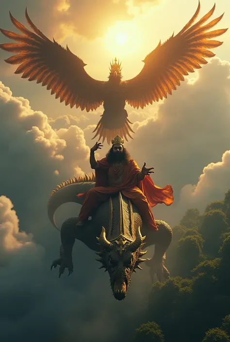 Top view of evil daemon king Raavan riding his dragon through clouds above forest. Raavan is napping hermitess Sita. Raavan has nine identical heads, popping out of his neck , each with a thick moustache and golden crown. Raavan is in royal attire. Sita is...