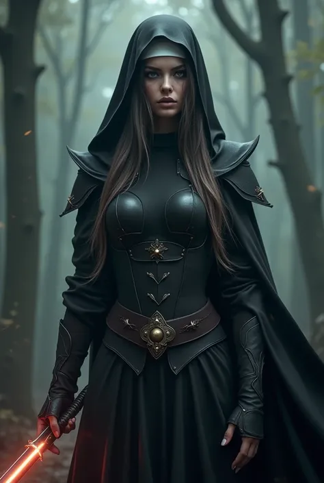 Messages messages:
 A female fantasy knight ,  very long hair ,  wearing a black nuns habit ,  detailed and stunning facial features , very beautiful,  holding a magic sword that glows a delicate blue .  The dark forest in the background creates an atmosph...