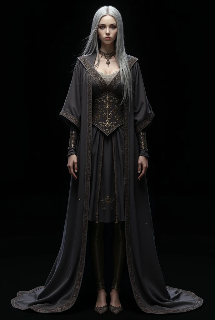 A Mentalist, psychologist, psychist,  telepathic in noble medieval clothing, a gray-haired woman , young appearance. Black background looking at the viewer. full body standing.