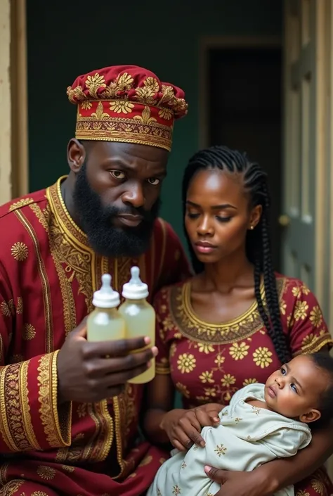 A split image with a rich Nigerian man on one side looking desperate holdings two baby bottles, and the wife on the other side, sitting down, holding a baby girl, looking confused, disappointed, or worried.
