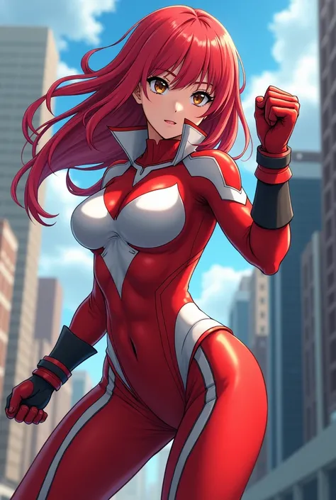 My Hero Academia Style , Anime girl, female, young female ,Full Body Shot,(fighting stance:1.3),Long hair, Red Hair,  Brown Eyes,Hero Suit, Full Body Suit, red suit with White details, perfect anatomy,  trained abs,super detailed,(Buildings:1.2）