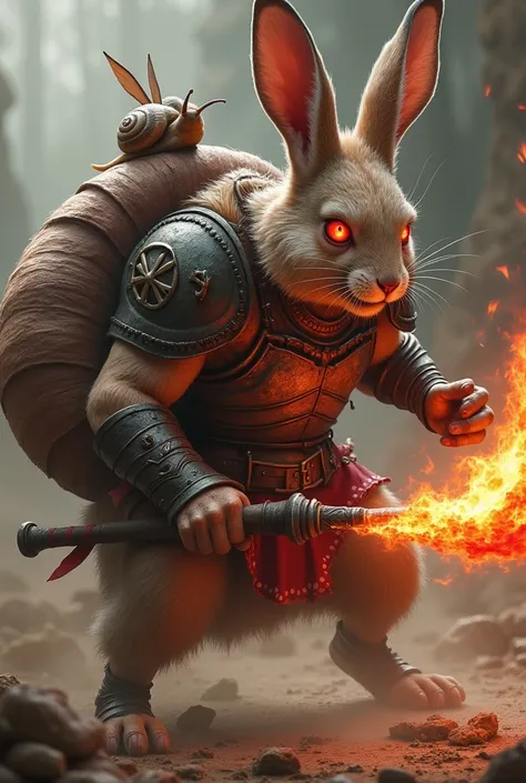 An angry hare gladiator with red eyes, Fight with a fire weapon, Against a killer snail,  on his armor is written xp9 ,  on the shoulder a small snail. Action 