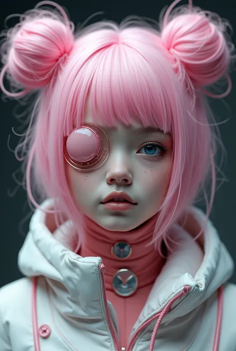  Create a half-cyborg adolescent girl ,  her skin is white with pink robotic details ,  her hair consists of two pink bunches,  her clothes are stylish , She has an eye patch .  REALISTIC IMAGE,   full of details, hyper realistic.