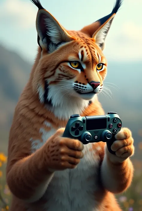 lynx avec une manette et qui regarde lhorizon 

