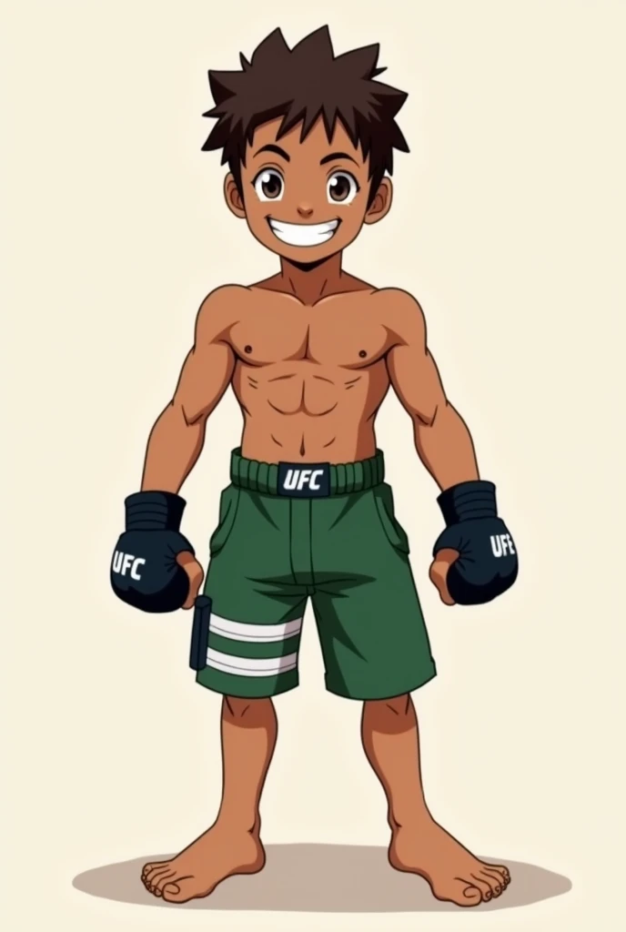 A boy (s ) wearing green shorts , black UFC gloves  ,  shirtless  (muscular) and barefoot  , brown skin and brown hair , With a smile ,with the same drawing style as the original Naruto show 