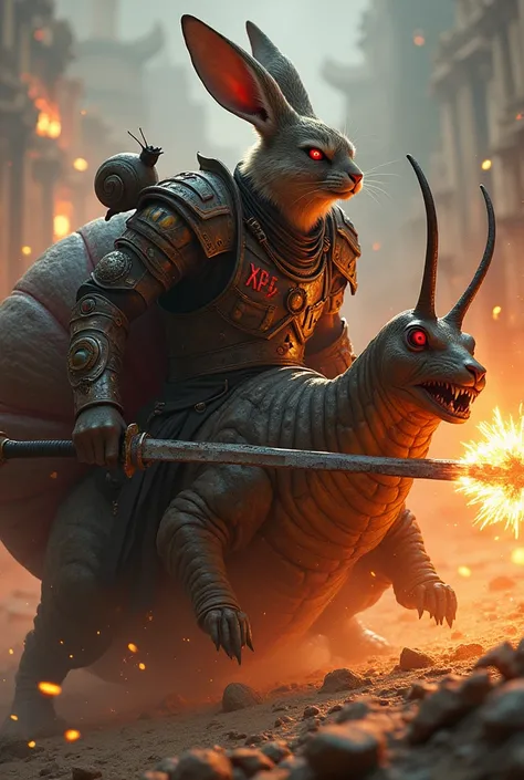  An evil hare gladiator with red eyes,  in fights with a fire weapon, Rides on a killer snail ,  on his armor is written xp9 ,  on the shoulder a small snail. Action 