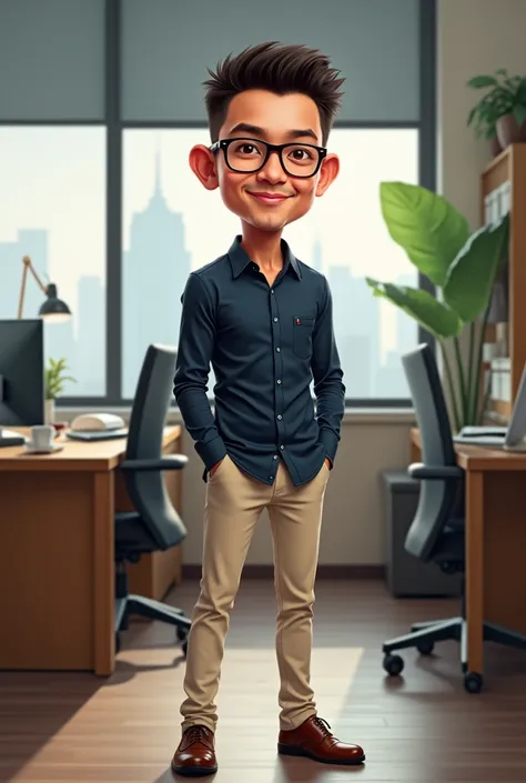 Caricature 4D.  Indonesian man age 38 .  short hair standing up.  wearing dark blue shirt .  cream jeans . leather shoes .  wearing glasses .  is in the office room  . staring at camera . realistic focus 