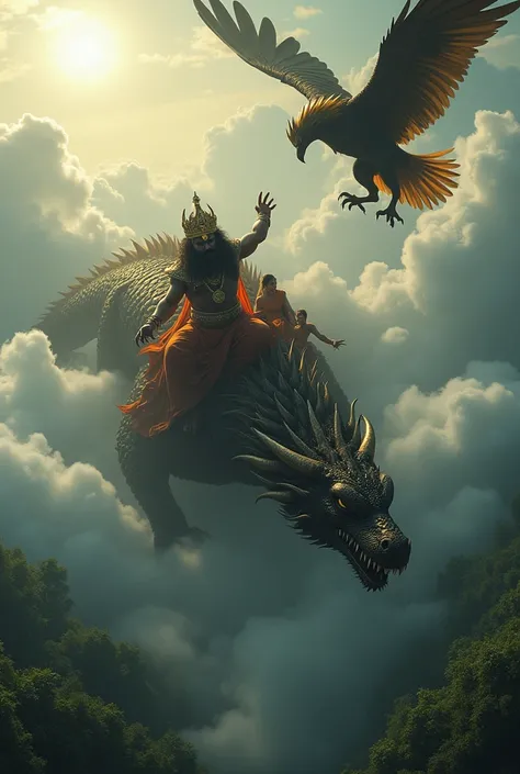 Top view of evil daemon king Raavan riding his dragon through clouds above forest. Raavan is napping hermitess Sita who is seated behind him. Raavan, the magical daemon, has ten heads , each with a thick moustache and golden crown. Raavan is in royal attir...