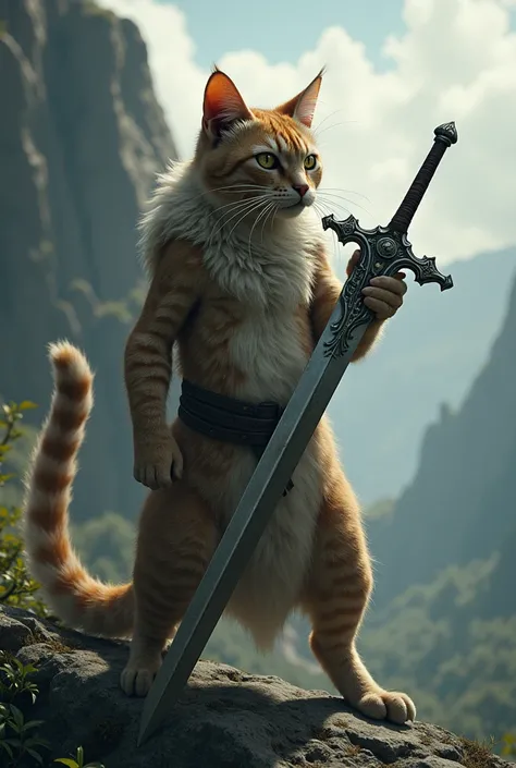 Create a cat with a sword in its mouth