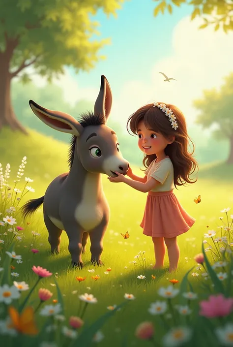 A playful scene with a  gently petting a donkey in a grassy meadow.