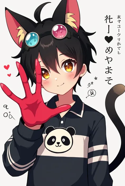 A boy in anime with a red claw with colorful cat ears with lenses wears a polo shirt with long sleeves in black and white stripes with a panda in the middle 