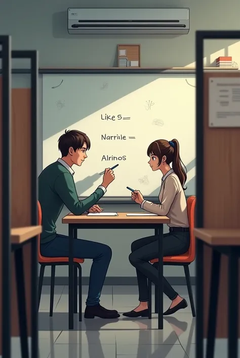 The poster is a combination of 16 :9。 One-on-one Tutorial Class 。 There is a partition between each seat ， with a total of 10 separate seats ，Classroom decorated with students 。 on both sides are the partition 。 seats made up of 2 chairs and one table， sid...