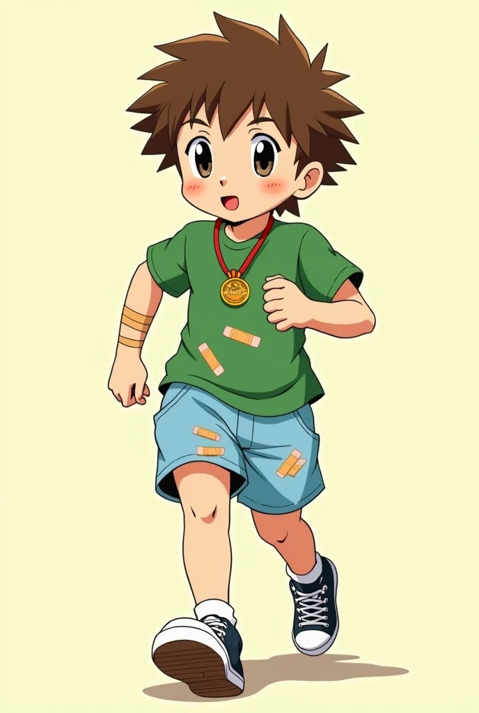  an  boy in the style of the 1999 anime,  brown hair and eyes,  a green t-shirt and light blue shorts , several band-aid around the body ,  running shoes and a medallion broken in half in the pocket, yellowish white background 