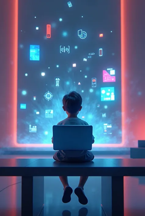 small boy sitting on straight the table with watching the laptop and neon setup and gadgets fly