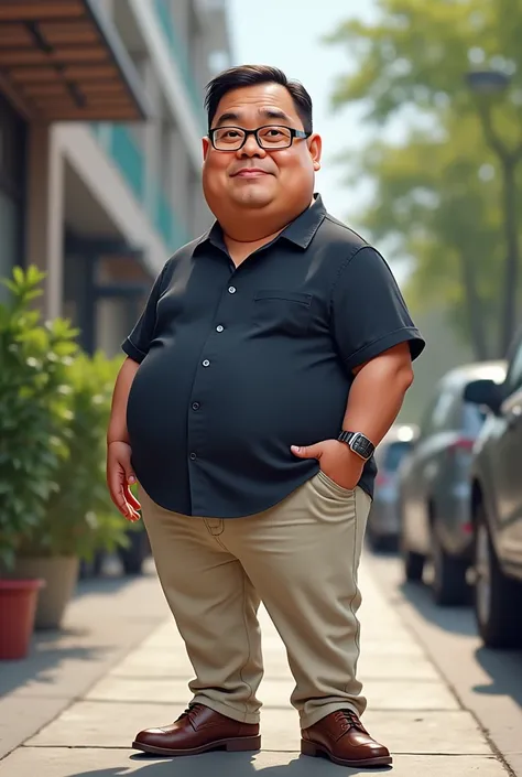 Caricature 4D.  Indonesian man 40 years old . short haired .  wearing dark blue shirt .  cream jeans . leather shoes .  wearing glasses .  is on the sidewalk a little chubby standing straight up staring at the camera. realistic focus 