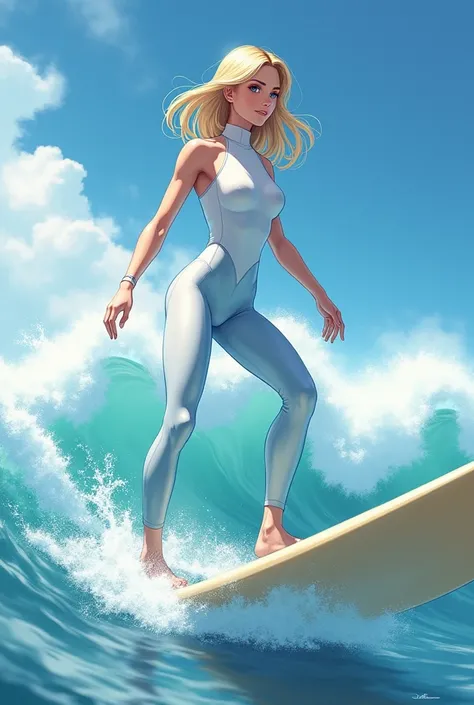 (Masterpiece, best quality:1.5), ultra-detailed, 8k, photorealistic, ((close-up on face)), 1lady solo, standing on surfboard,(squatting:0.5), balancing, (dynamic posing), (pale blue and white wetsuit), surfer, (mature female:0.8), /(blonde hair/) parted ba...