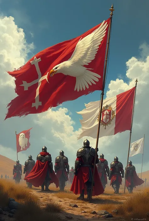  Imagine a Templar army on a battlefield ,  with warriors in shiny armor and capes fluttering in the wind . in front,  three flags wave majestically :

1.  The first flag features a prominent cross in the center , with a white eagle in the center ,  symbol...