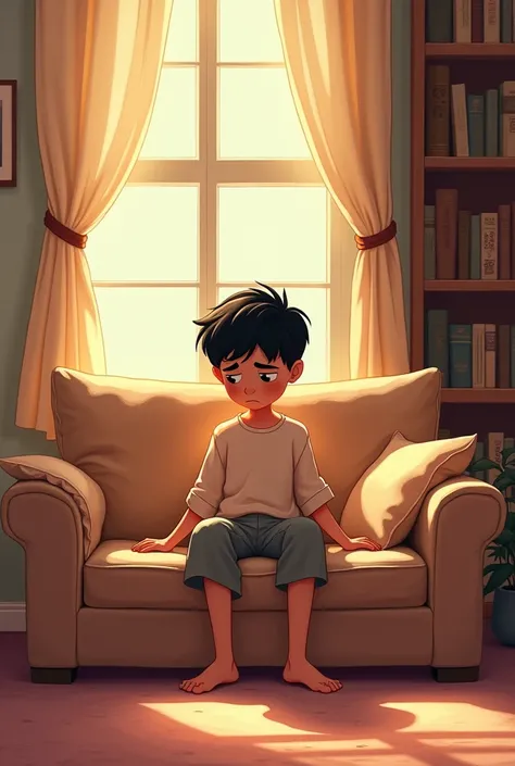 A boy sitting on cozy sofa alone, looking down with a sad expression, the room is cozy with soft colors. The style has a touch of classic Disney animation, with bold lines, rounded shapes and delicate textures. The boy wears clothes in soft tones, behind h...