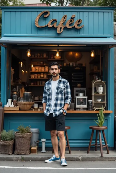 Cafee coffee shop on the roadside with an aesthetic blue color design Inside the stall there is a variety of coffee in front of the stall There is a standing advertisement with monggo cah writing with embossed writing that is printed very clearly with a co...