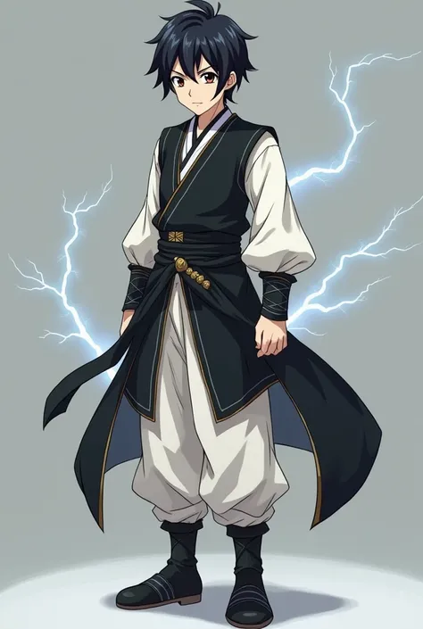 Full body image of anime mediaeval teenager Shaun Thunderhawk who has unkept black hair, black eyes. He is very handsome and charming. He Wears a black vest over a white gii with white linings, paddings are wrapped around his waist with a black sash-like c...