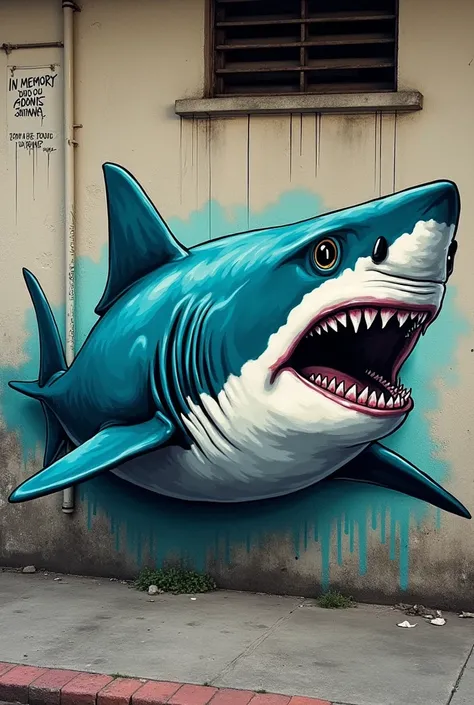 Shark graffiti on a wall from the game GTA V and that has a text with the following IN MEMORY OF ADONIS SANTANA