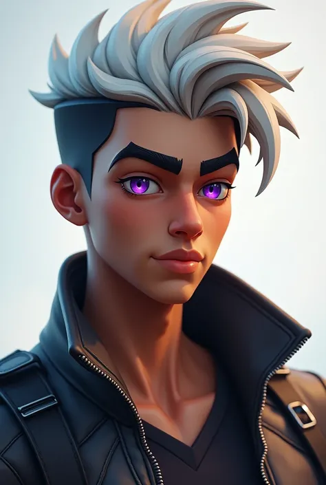 fortnite,Skin,alone, man,purple eyes,  High resolution, moreno, white and black hair ,adolescent similar to 916GON