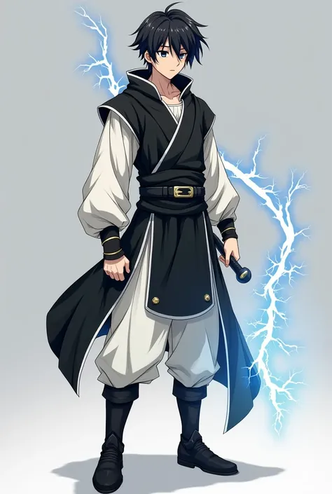 Full body image of anime mediaeval teenager Shaun Thunderhawk who has unkept black hair, black eyes. He is very handsome and charming. He Wears a black vest over a white gii with white linings, paddings are wrapped around his waist with a black sash-like c...