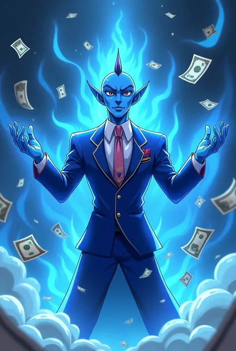 Genie from the blue light anime version of a suit and throwing money