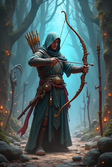 ornamental bow,  fantasy scythe ,  magic longbow , fantasy weapon ,  archer bow ,  short bow ,  intricate fantasy spear ,  holds bow and mechanical arrows, bright light