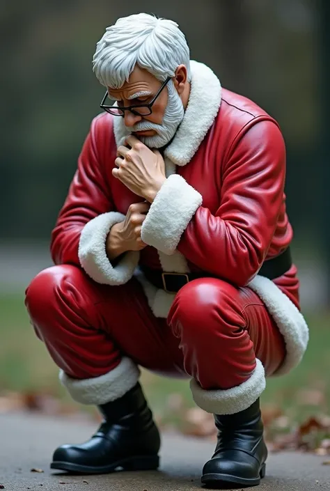 statue of a man dressed as Santa Claus without a hat on his head, Short white hair, with glasses, holding her cap close to her chest, with black boots, Kneeling.