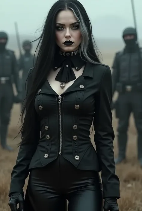 a sexy female dark gothic black and white hair, gothic makeup, military officer of the gothic army in ordinary uniform with black gothic military jacket with military insignia and hot black cotton leggings, in a battlefield, prisoner of  male steampunk ene...