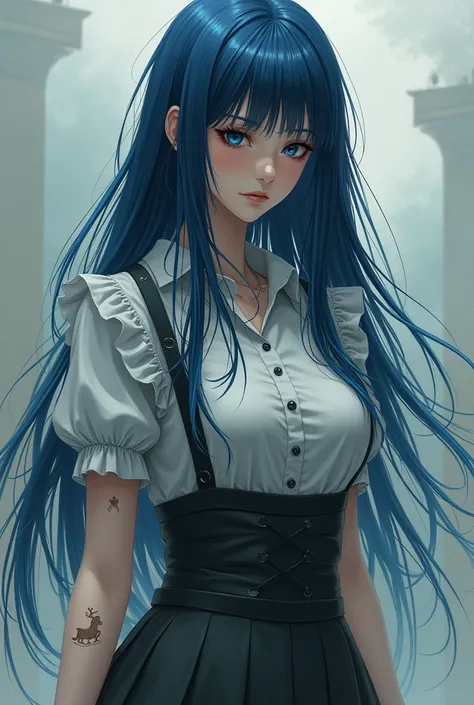 Anime tall woman with long hair blue watercolor brown tips,  tight waitress clothing pale skin scars on the arms , dark circles and a little dark makeup 