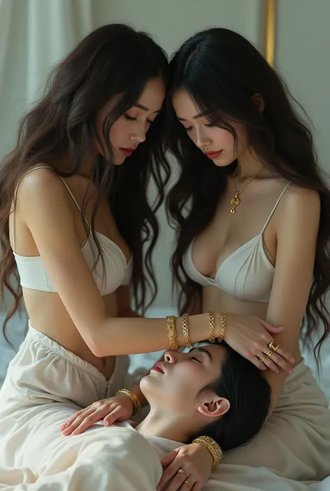 2 filles extrêmement belles avec des cheveux long et ondulés des habits blancs sexy des bijoux en or autour des mains avec des gants blanc en latex surgical en train de torturer un homme