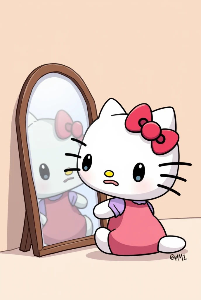 Hello Kitty cartoon with a confused facial expression looking at her body in the mirror  