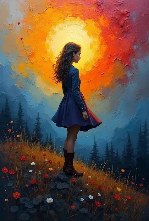 A beautiful girl in an abstract expressionist landscape, (best quality,8k,highres,masterpiece:1.2),ultra-detailed,(realistic,photorealistic,photo-realistic:1.37),expressionist painting,oil painting,impasto texture,vivid colors,dramatic lighting,moody atmos...