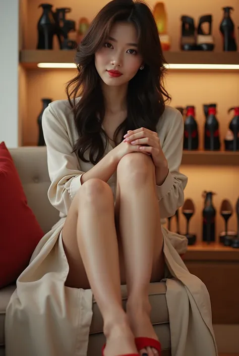  High Quality , masterpiece,  Ultra High Resolution, 16k,  full body portrait, A high heel shop full of all kinds of famous womens high heels, A Korean beauty without shoes sits down and stretches out her legs and asks the waitress of a shoe store to put o...