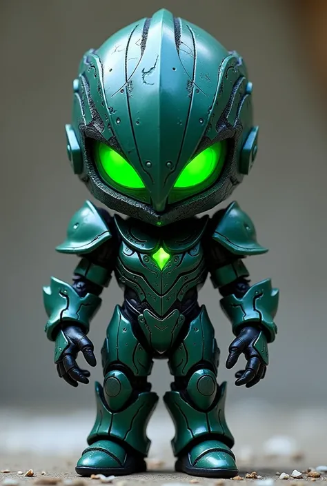  A collectible Virex chibi doll ,  shown completely from the front in a fixed pose .  Its armor is predominantly green ,  with significant blue and black details that integrate in a harmonious way,  reflecting a poisonous and corrupt design .  The armor he...