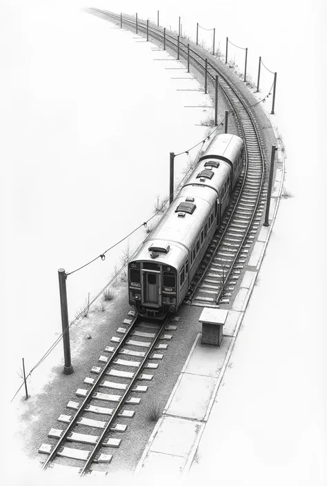 a track with a , Without a train ,  just the ,  curve with a small concrete and brick station,  as seen from a drone ,  sketch-style , In black and white,  as if it were a pencil doodle ,  should take up maximum vertical space
