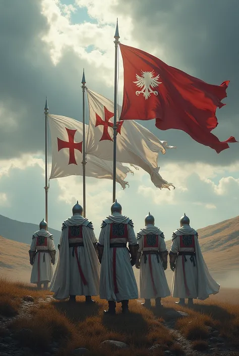  Imagine a Templar army on a battlefield ,  with warriors in white armor with a red cross on their shield, in their cloak and capes fluttering in the wind . in front,  three flags wave majestically :

1.  The first flag features a prominent cross in the ce...