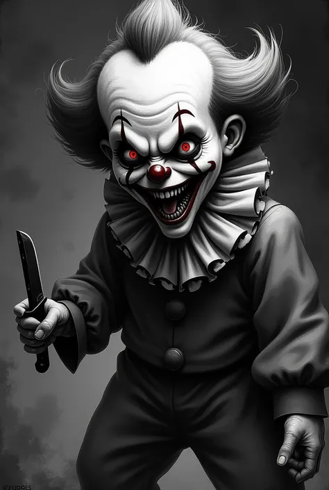  Create a realistic black-and-gray cartoon of a killer clown , WITH BLOOD IN THE EYES , and with a knife in your hand  