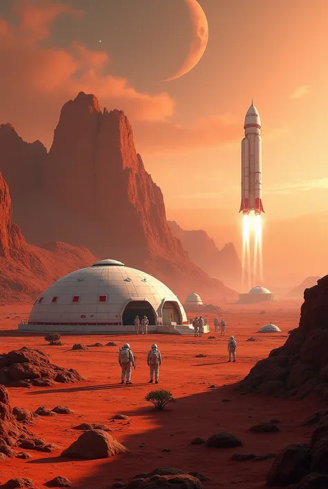 /imagine prompt: A futuristic Mars colony with domed habitats and solar panels, set against the red, rocky Martian landscape. In the foreground, astronauts are conducting scientific experiments, while in the background, a NASA-branded rocket prepares for l...