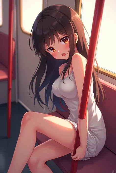 Anime girl rubs her crotch between her legs against the handrail (red with excitement)