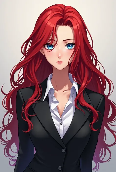  An 18-year-old girl with a models body,  bright red hair , SAPPHIRE BLUE EYES, arrogant attitude and penetrating and threatening look, dressed as a model . ( Full body photo ) ( only one person in the photo ) ( Anime style drawing )