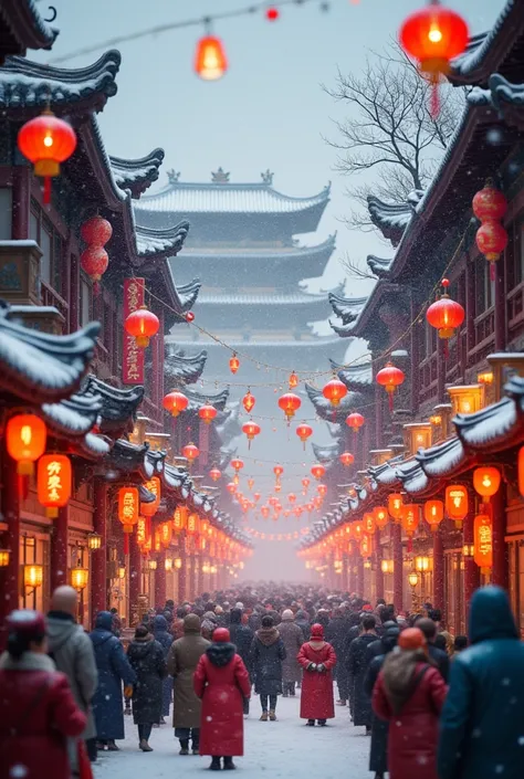 Chinese New Year in the old streets of China in the snowy night