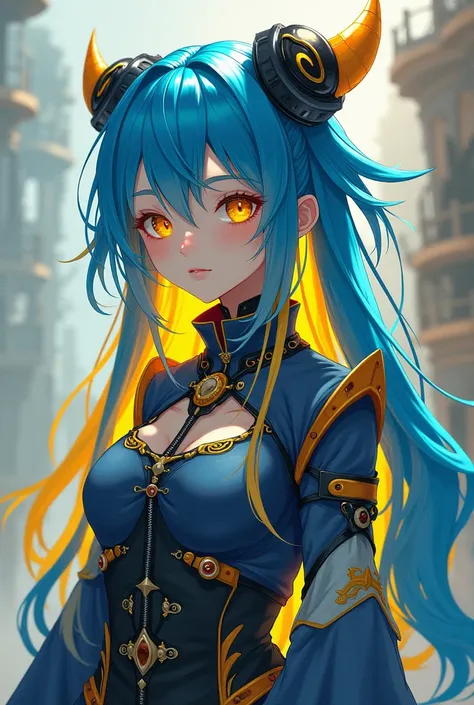 Complex anime character with blue and yellow hair and a cool outfit